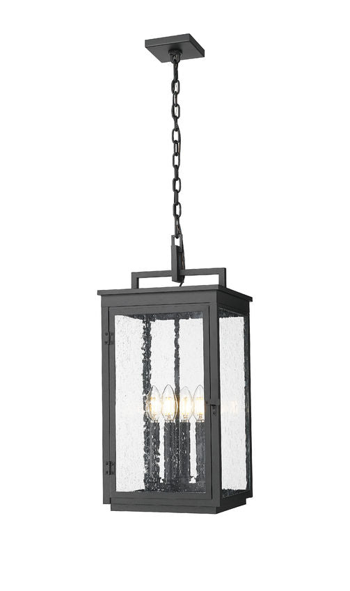 Z-Lite Hartwell 4-Light Candelabra Sand Black Aluminum Frame Clear Seedy Glass Shade Outdoor Chain Mount Ceiling Fixture