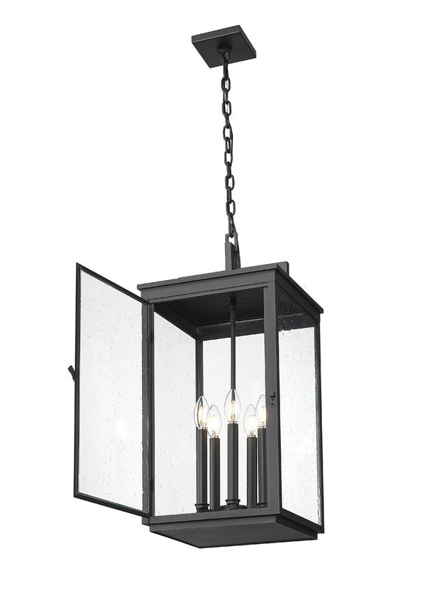 Z-Lite Hartwell 5-Light Candelabra Sand Black Aluminum Frame Clear Seedy Glass Shade Outdoor Chain Mount Ceiling Fixture