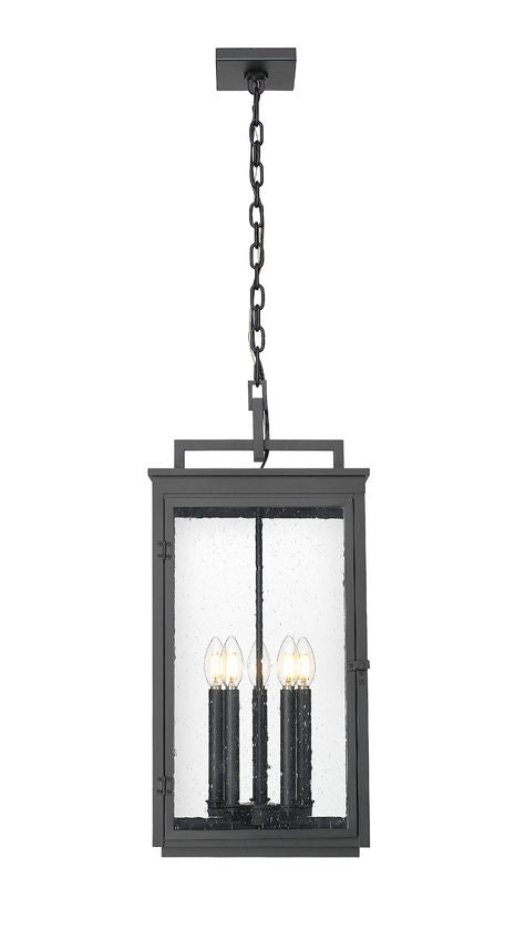Z-Lite Hartwell 5-Light Candelabra Sand Black Aluminum Frame Clear Seedy Glass Shade Outdoor Chain Mount Ceiling Fixture