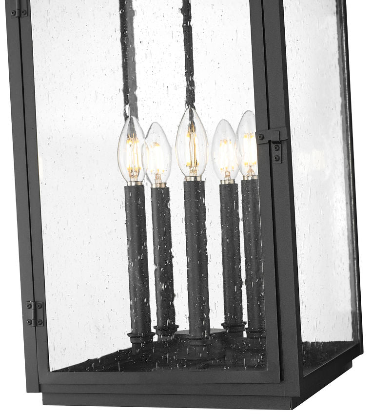 Z-Lite Hartwell 5-Light Candelabra Sand Black Aluminum Frame Clear Seedy Glass Shade Outdoor Chain Mount Ceiling Fixture