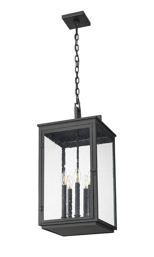 Z-Lite Hartwell 5-Light Candelabra Sand Black Aluminum Frame Clear Seedy Glass Shade Outdoor Chain Mount Ceiling Fixture