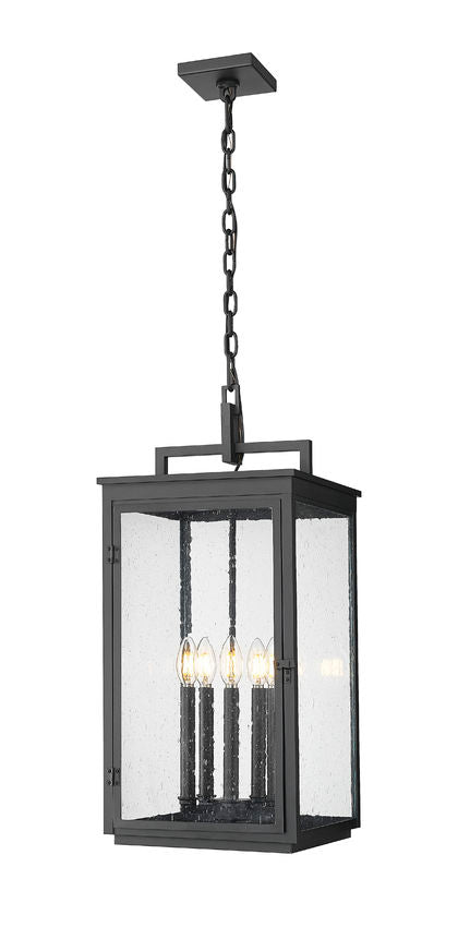 Z-Lite Hartwell 5-Light Candelabra Sand Black Aluminum Frame Clear Seedy Glass Shade Outdoor Chain Mount Ceiling Fixture