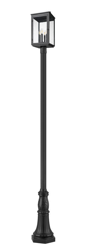 Z-Lite Hartwell 5019PHBR-518P-BK 4-Light Clear Seedy Glass Shade Sand Black Aluminum Outdoor Post Mounted Fixture