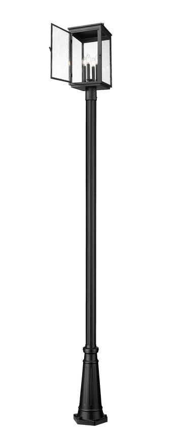 Z-Lite Hartwell 5019PHBR-519P-BK 4-Light Candelabra Bulb Base Sand Black Aluminum Clear Seedy Glass Shade Outdoor Post Mounted Fixture