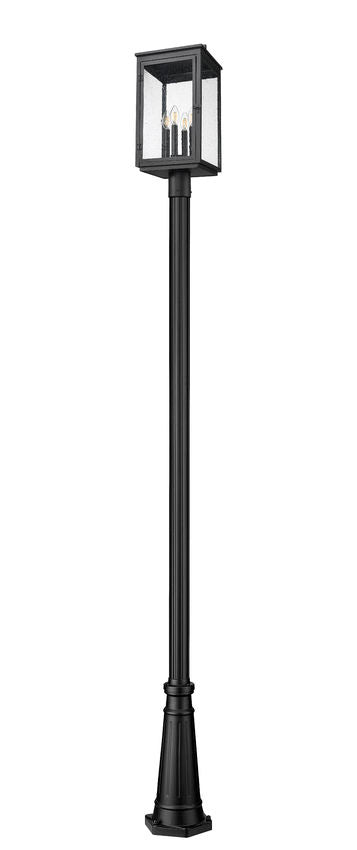 Z-Lite Hartwell 5019PHBR-519P-BK 4-Light Candelabra Bulb Base Sand Black Aluminum Clear Seedy Glass Shade Outdoor Post Mounted Fixture