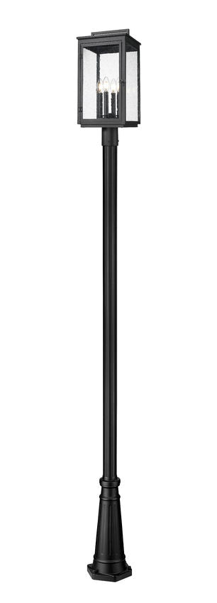 Z-Lite Hartwell 5019PHBR-519P-BK 4-Light Candelabra Bulb Base Sand Black Aluminum Clear Seedy Glass Shade Outdoor Post Mounted Fixture