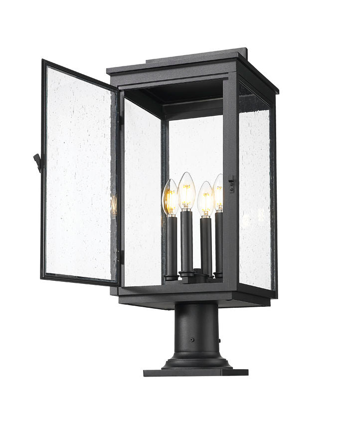 Z-Lite Hartwell 5019PHBR-533PM-BK 4-Light Candelabra Bulb Base Sand Black Aluminum Clear Seedy Glass Shade Outdoor Pier Mounted Fixture