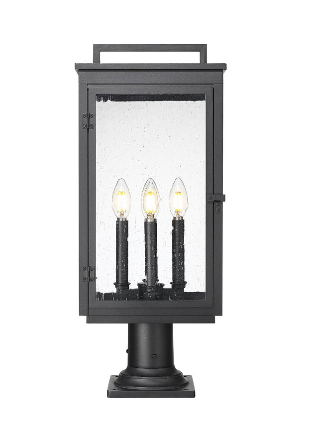 Z-Lite Hartwell 5019PHBR-533PM-BK 4-Light Candelabra Bulb Base Sand Black Aluminum Clear Seedy Glass Shade Outdoor Pier Mounted Fixture
