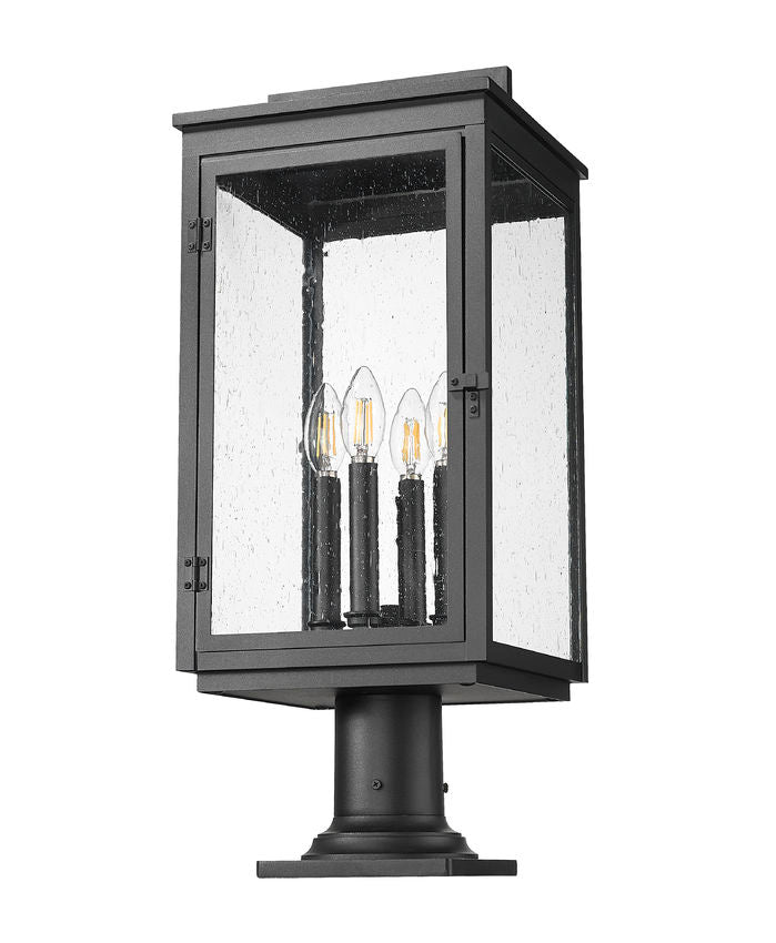 Z-Lite Hartwell 5019PHBR-533PM-BK 4-Light Candelabra Bulb Base Sand Black Aluminum Clear Seedy Glass Shade Outdoor Pier Mounted Fixture