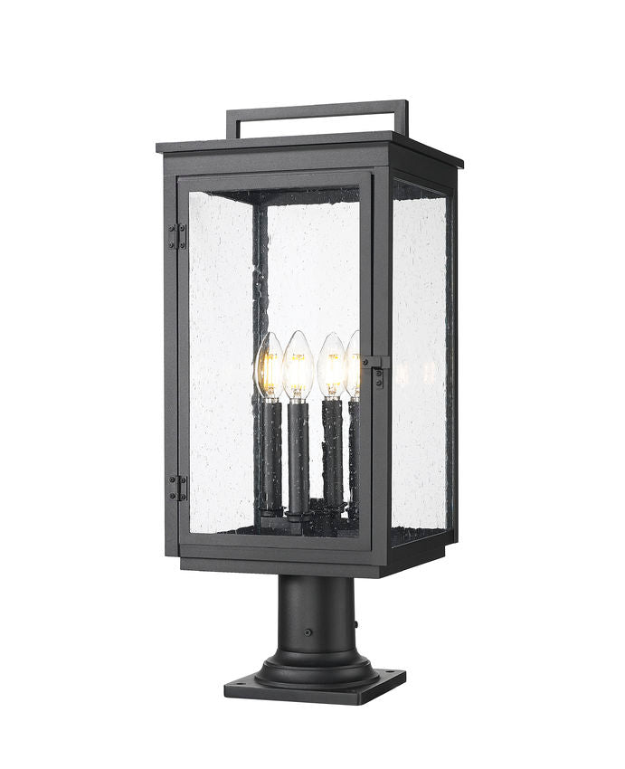 Z-Lite Hartwell 5019PHBR-533PM-BK 4-Light Candelabra Bulb Base Sand Black Aluminum Clear Seedy Glass Shade Outdoor Pier Mounted Fixture