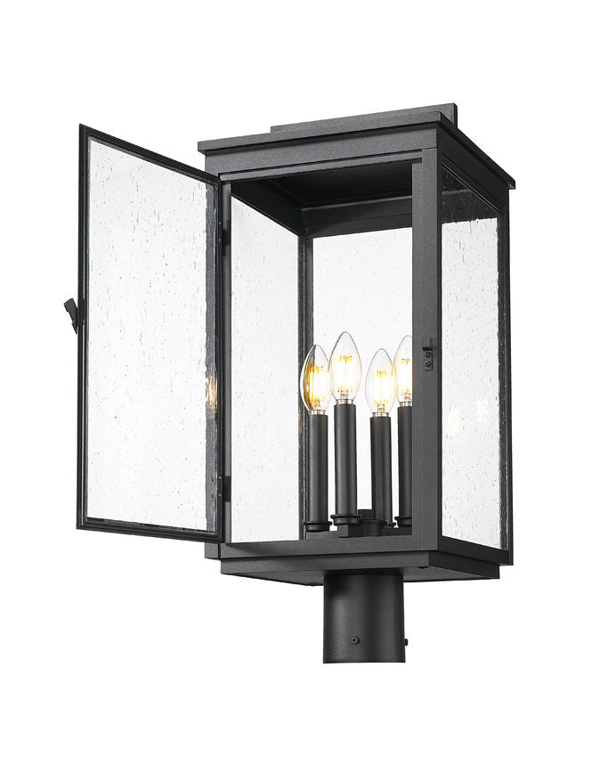 Z-Lite Hartwell 5019PHBR-BK 4-Light Candelabra Bulb Base Sand Black Aluminum Clear Seedy Glass Shade Outdoor Post Mount Fixture