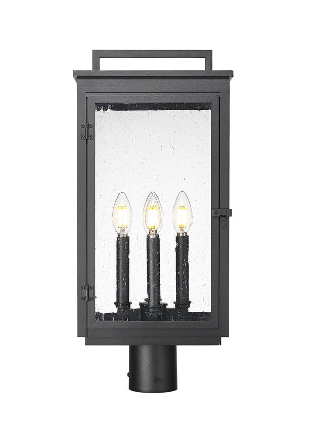 Z-Lite Hartwell 5019PHBR-BK 4-Light Candelabra Bulb Base Sand Black Aluminum Clear Seedy Glass Shade Outdoor Post Mount Fixture