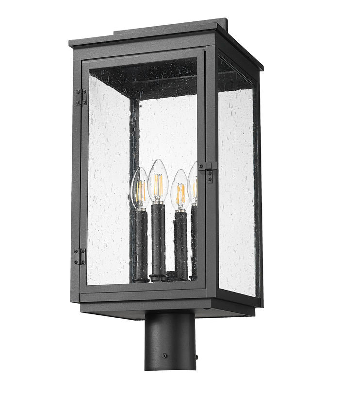 Z-Lite Hartwell 5019PHBR-BK 4-Light Candelabra Bulb Base Sand Black Aluminum Clear Seedy Glass Shade Outdoor Post Mount Fixture