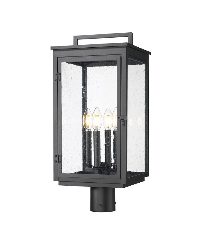 Z-Lite Hartwell 5019PHBR-BK 4-Light Candelabra Bulb Base Sand Black Aluminum Clear Seedy Glass Shade Outdoor Post Mount Fixture