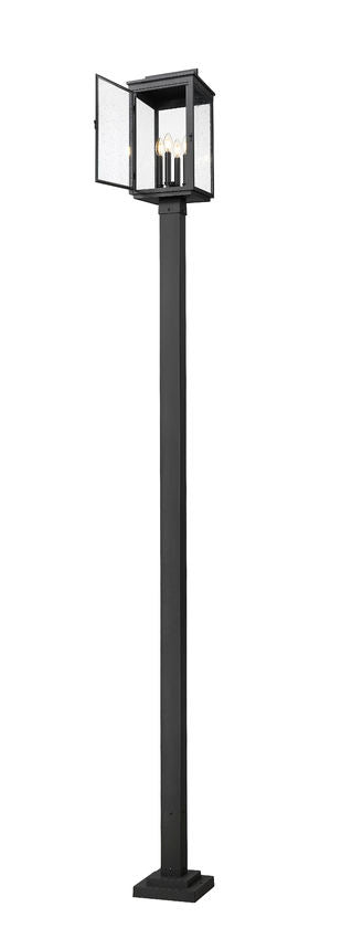 Z-Lite Hartwell 5019PHBS-536P-BK 4-Light Candelabra Bulb Base Sand Black Aluminum Clear Seedy Glass Shade Outdoor Post Mounted Fixture