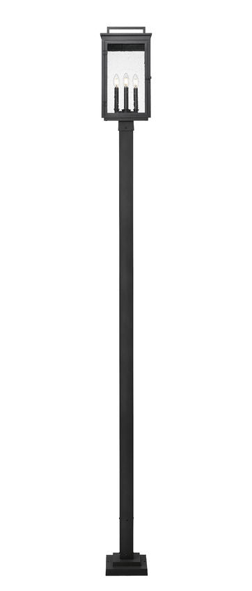 Z-Lite Hartwell 5019PHBS-536P-BK 4-Light Candelabra Bulb Base Sand Black Aluminum Clear Seedy Glass Shade Outdoor Post Mounted Fixture