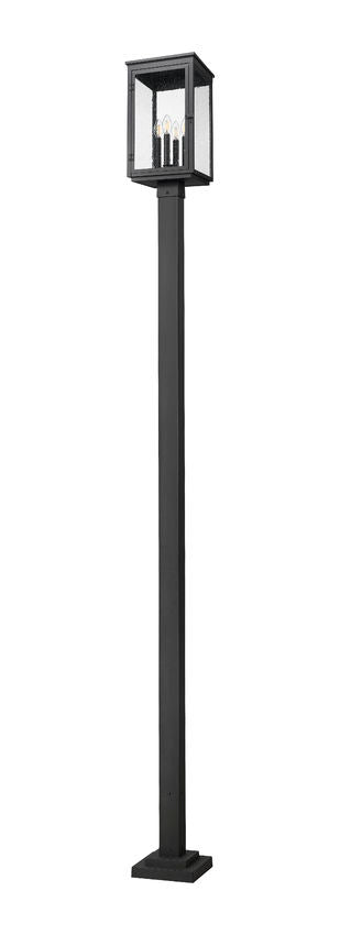 Z-Lite Hartwell 5019PHBS-536P-BK 4-Light Candelabra Bulb Base Sand Black Aluminum Clear Seedy Glass Shade Outdoor Post Mounted Fixture