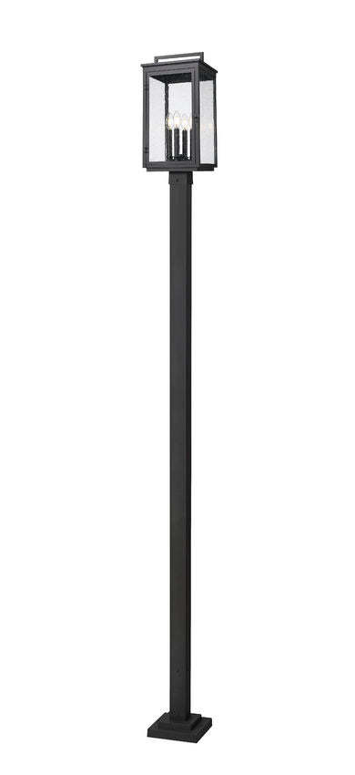 Z-Lite Hartwell 5019PHBS-536P-BK 4-Light Candelabra Bulb Base Sand Black Aluminum Clear Seedy Glass Shade Outdoor Post Mounted Fixture