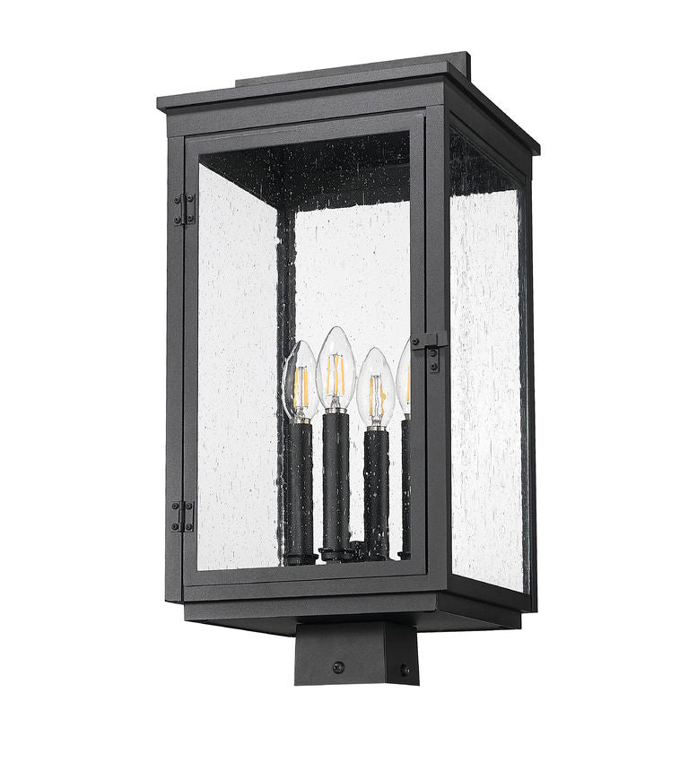 Z-Lite Hartwell 5019PHBS-BK 4-Light Candelabra Bulb Base Sand Black Aluminum Clear Seedy Glass Shade Outdoor Post Mount Fixture