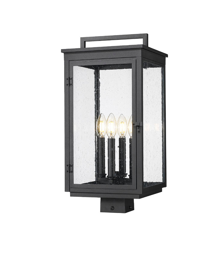 Z-Lite Hartwell 5019PHBS-BK 4-Light Candelabra Bulb Base Sand Black Aluminum Clear Seedy Glass Shade Outdoor Post Mount Fixture