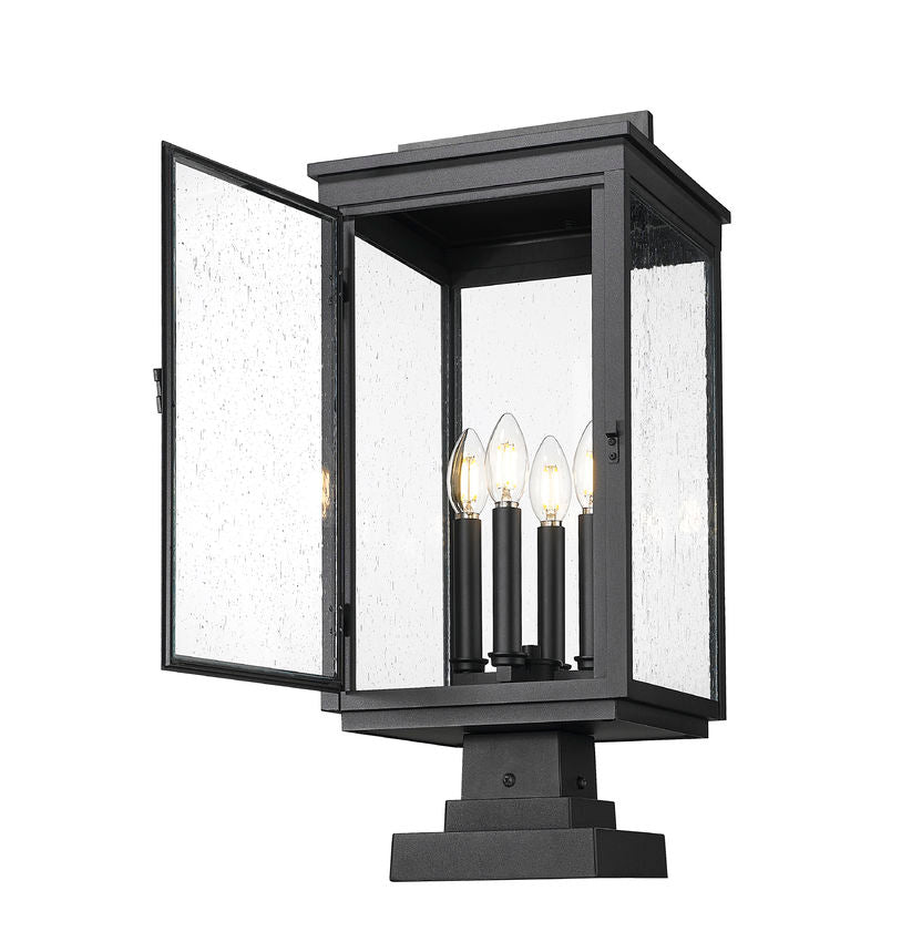Z-Lite Hartwell 5019PHBS-SQPM-BK 4-Light Candelabra Bulb Base Sand Black Aluminum Clear Seedy Glass Shade Outdoor Pier Mounted Fixture