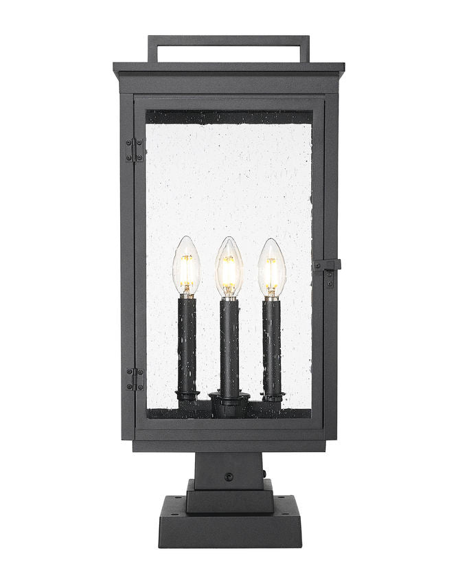 Z-Lite Hartwell 5019PHBS-SQPM-BK 4-Light Candelabra Bulb Base Sand Black Aluminum Clear Seedy Glass Shade Outdoor Pier Mounted Fixture