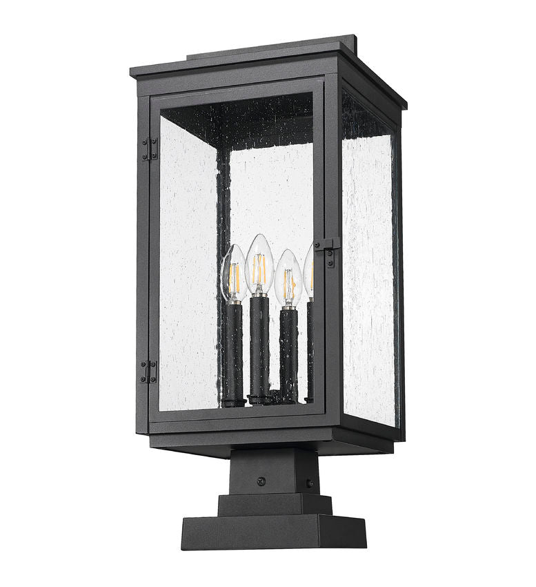 Z-Lite Hartwell 5019PHBS-SQPM-BK 4-Light Candelabra Bulb Base Sand Black Aluminum Clear Seedy Glass Shade Outdoor Pier Mounted Fixture