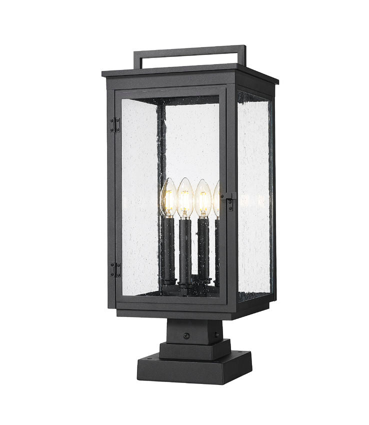 Z-Lite Hartwell 5019PHBS-SQPM-BK 4-Light Candelabra Bulb Base Sand Black Aluminum Clear Seedy Glass Shade Outdoor Pier Mounted Fixture