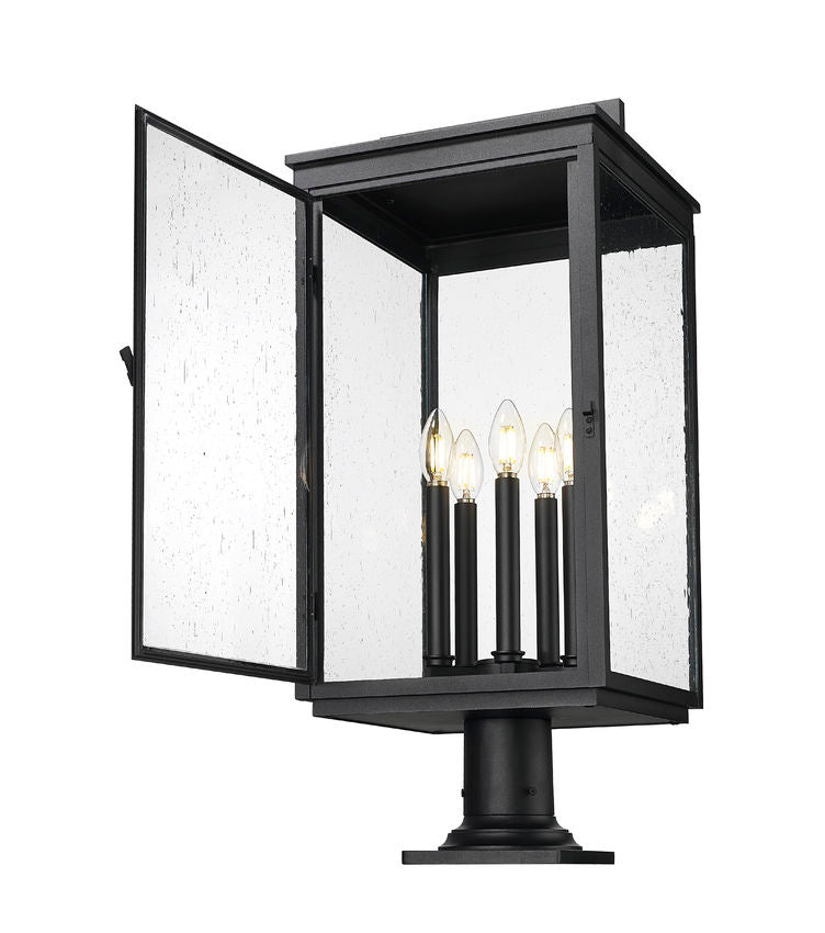 Z-Lite Hartwell 5019PHXLR-533PM-BK 5-Light Candelabra Bulb Base Sand Black Aluminum Clear Seedy Glass Shade Outdoor Pier Mounted Fixture