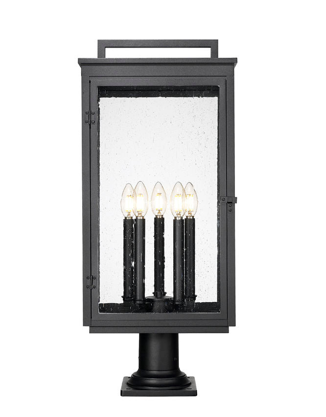 Z-Lite Hartwell 5019PHXLR-533PM-BK 5-Light Candelabra Bulb Base Sand Black Aluminum Clear Seedy Glass Shade Outdoor Pier Mounted Fixture
