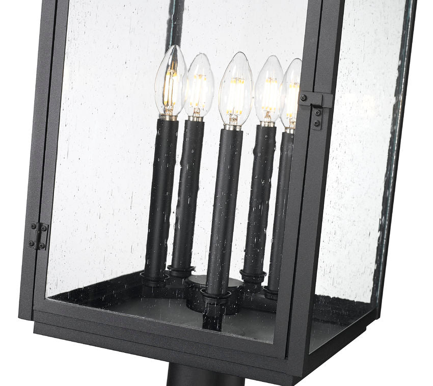 Z-Lite Hartwell 5019PHXLR-533PM-BK 5-Light Candelabra Bulb Base Sand Black Aluminum Clear Seedy Glass Shade Outdoor Pier Mounted Fixture