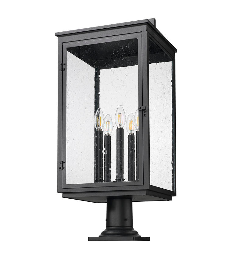 Z-Lite Hartwell 5019PHXLR-533PM-BK 5-Light Candelabra Bulb Base Sand Black Aluminum Clear Seedy Glass Shade Outdoor Pier Mounted Fixture