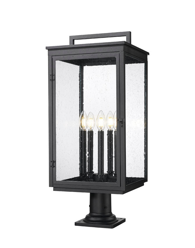 Z-Lite Hartwell 5019PHXLR-533PM-BK 5-Light Candelabra Bulb Base Sand Black Aluminum Clear Seedy Glass Shade Outdoor Pier Mounted Fixture