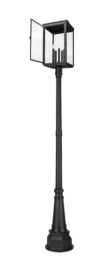 Z-Lite Hartwell 5019PHXLR-564P-BK 5-Light Candelabra Bulb Base Sand Black Aluminum Clear Seedy Glass Shade Outdoor Post Mounted Fixture