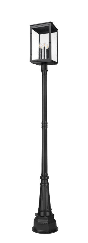 Z-Lite Hartwell 5019PHXLR-564P-BK 5-Light Candelabra Bulb Base Sand Black Aluminum Clear Seedy Glass Shade Outdoor Post Mounted Fixture