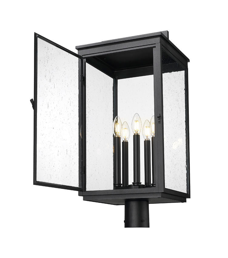 Z-Lite Hartwell 5019PHXLR-BK 5-Light Candelabra Bulb Base Sand Black Aluminum Clear Seedy Glass Shade Outdoor Post Mounted Fixture