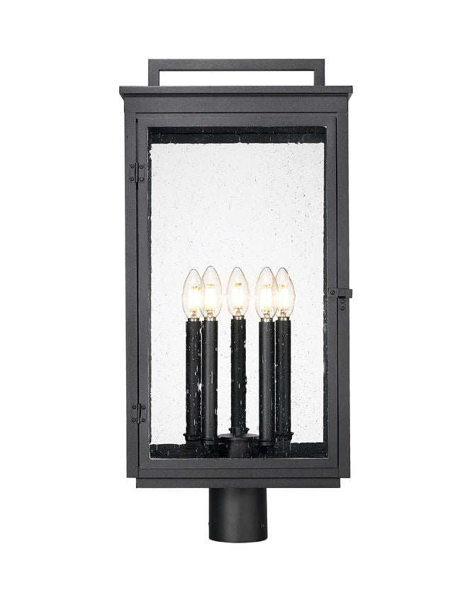 Z-Lite Hartwell 5019PHXLR-BK 5-Light Candelabra Bulb Base Sand Black Aluminum Clear Seedy Glass Shade Outdoor Post Mounted Fixture