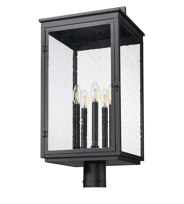 Z-Lite Hartwell 5019PHXLR-BK 5-Light Candelabra Bulb Base Sand Black Aluminum Clear Seedy Glass Shade Outdoor Post Mounted Fixture
