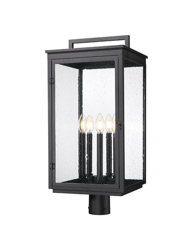 Z-Lite Hartwell 5019PHXLR-BK 5-Light Candelabra Bulb Base Sand Black Aluminum Clear Seedy Glass Shade Outdoor Post Mounted Fixture