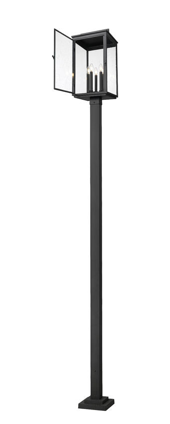 Z-Lite Hartwell 5019PHXLS-536P-BK 5-Light Candelabra Bulb Base Sand Black Aluminum Clear Seedy Glass Shade Outdoor Post Mounted Fixture