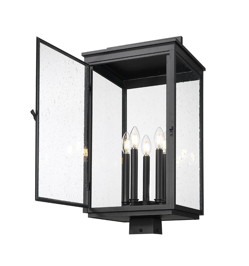 Z-Lite Hartwell 5019PHXLS-BK 5-Light Candelabra Bulb Base Sand Black Aluminum Clear Seedy Glass Shade Outdoor Post Mounted Fixture