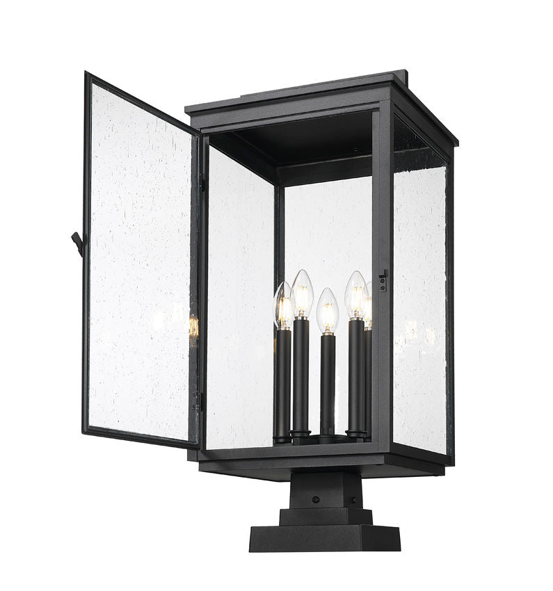 Z-Lite Hartwell 5019PHXLS-SQPM-BK 5-Light Candelabra Bulb Base Sand Black Aluminum Clear Seedy Glass Shade Outdoor Pier Mounted Fixture