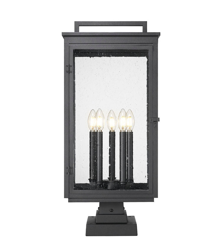 Z-Lite Hartwell 5019PHXLS-SQPM-BK 5-Light Candelabra Bulb Base Sand Black Aluminum Clear Seedy Glass Shade Outdoor Pier Mounted Fixture