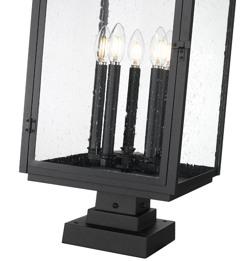 Z-Lite Hartwell 5019PHXLS-SQPM-BK 5-Light Candelabra Bulb Base Sand Black Aluminum Clear Seedy Glass Shade Outdoor Pier Mounted Fixture