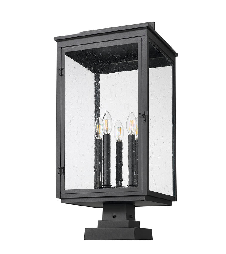 Z-Lite Hartwell 5019PHXLS-SQPM-BK 5-Light Candelabra Bulb Base Sand Black Aluminum Clear Seedy Glass Shade Outdoor Pier Mounted Fixture
