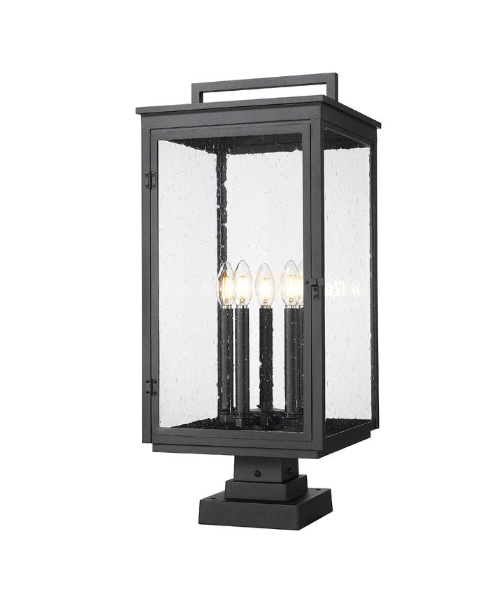 Z-Lite Hartwell 5019PHXLS-SQPM-BK 5-Light Candelabra Bulb Base Sand Black Aluminum Clear Seedy Glass Shade Outdoor Pier Mounted Fixture