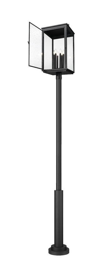Z-Lite Hartwell 5019PHXXLR-5010P-BK 6-Light Candelabra Bulb Base Sand Black Aluminum Clear Seedy Glass Shade Outdoor Post Mounted Fixture