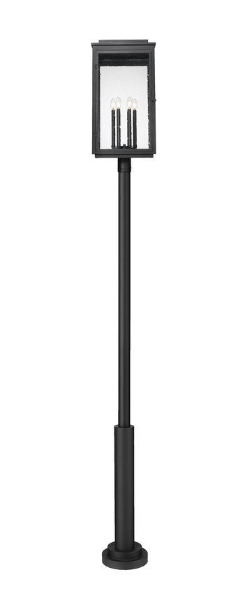 Z-Lite Hartwell 5019PHXXLR-5010P-BK 6-Light Candelabra Bulb Base Sand Black Aluminum Clear Seedy Glass Shade Outdoor Post Mounted Fixture