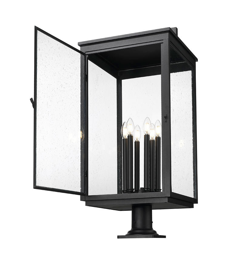 Z-Lite Hartwell 5019PHXXLR-533PM-BK 6-Light Candelabra Bulb Base Sand Black Aluminum Clear Seedy Glass Shade Outdoor Pier Mounted Fixture