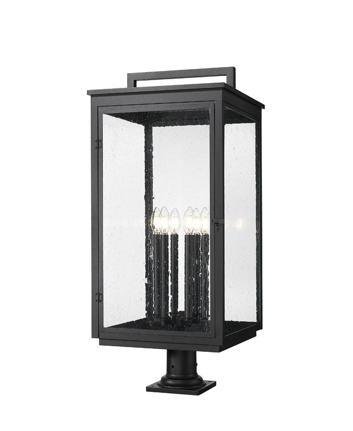 Z-Lite Hartwell 5019PHXXLR-533PM-BK 6-Light Candelabra Bulb Base Sand Black Aluminum Clear Seedy Glass Shade Outdoor Pier Mounted Fixture